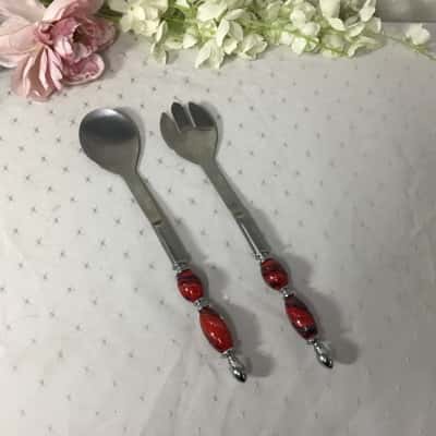 Red / Black/Blue Pattern Beaded Handle Metal Salad Servers