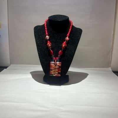 Red Stone/ glass beaded necklace with glass pendant 