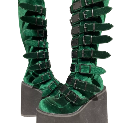  Demonia Green Velour Matt Black Buckle Womens  Size 7 Boots / Platforms 