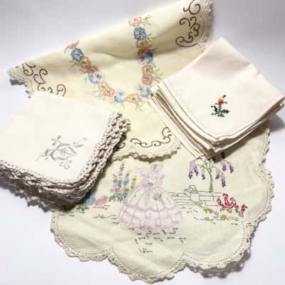 Vtg. Hand-Embroidered, crocheted Bundle of 14