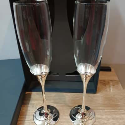 Pair Waterford Ballet Ribbon Toasting Flutes Glass and Silver 