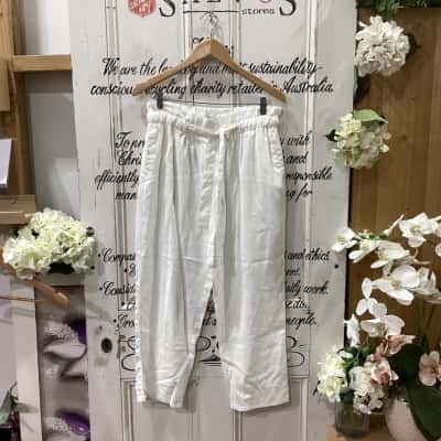 Madison Square Brand! RUFFLED WAISTBAND WITH ELASTICATED WAISTLINE! Womens  Size L Casual Pants Off White / White 