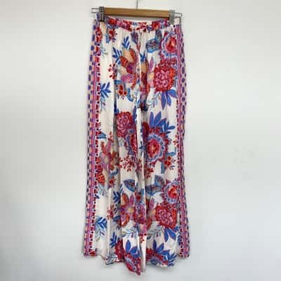 Bella Boheme White Red Blue Floral Wide Leg Pants Size XS 
