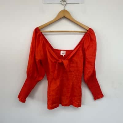 Seed Heritage Orange Long SLeeve Knot Detail Linen Top  Size 12 