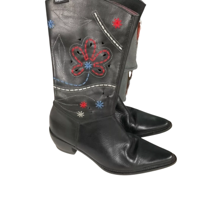  Womens  black leather cowboy style boots with floral embroidery 