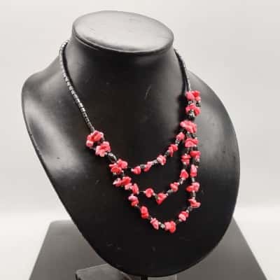 Vintage & Quite Rare Magnetic Hematite & Pink Coral 3 Tier Necklace 56cm Long