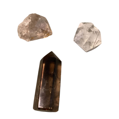 3 pieces Smokey quartz, rutilated quartz, herkimer diamond