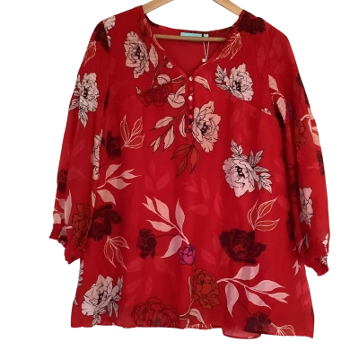 BNWT* Blue Illusion.  Silk Blend Shirring Swing Top.  Statement Floral Red.  Size L 