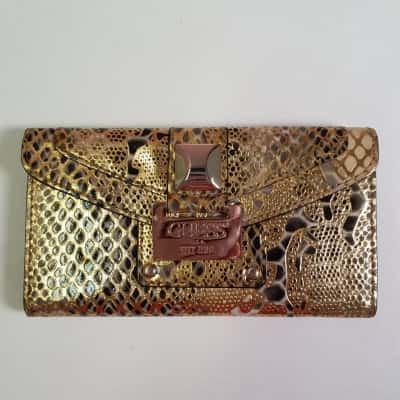 Guess Women's Gold Snake Print Tri-fold Wallet 