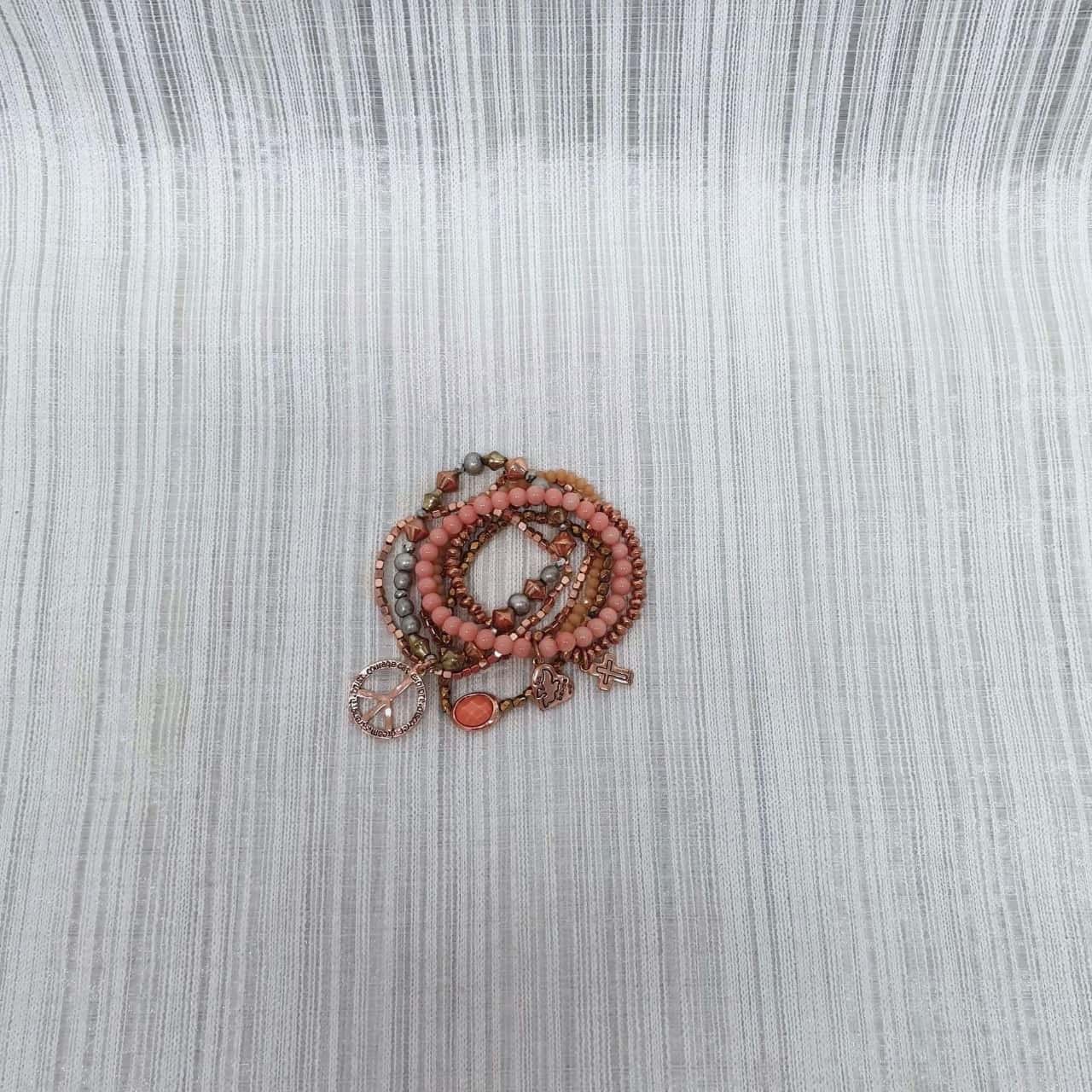 Rose Gold & Coral Beaded 7 Elastic Bracelet Combo with Super