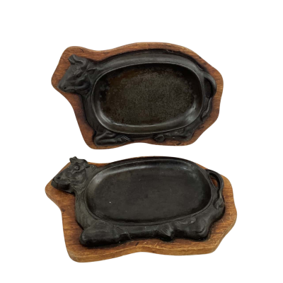 Lot of 2x Vintage Cast Iron & Wood Grill Servers