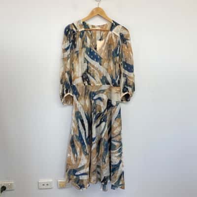 Sacha Drake Navy Blue Sand Gold La Mer Midi Dress  Size 14 