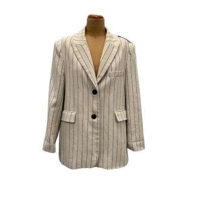 Dissh Pinstriped Linen Blend Blazer  Womens  Size 8 Beige / Black  / Pinstriped 