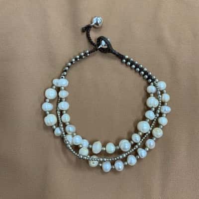  Womens Pearl and Bead Anklet on Braided Cord with Bells