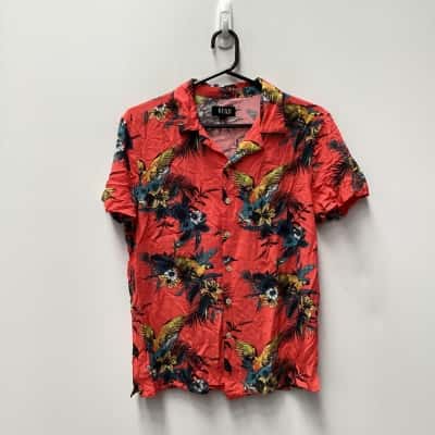 Kenji Bird/Flower Pattern Red Short Sleeve Shirt Size S