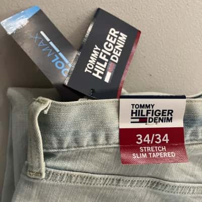 Tommy Hilfiger Mens Size 34 Stretch Slim Tapered leg Jeans Blue / Off White 