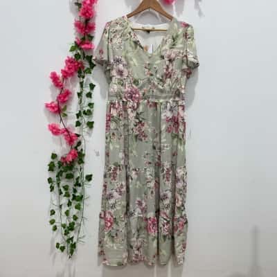 Liz Jordan Womens  Floral Midi Dress Size 16 Olive / Pink  