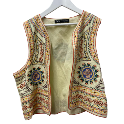 Zara Womens Embroidered Vest Size M Beige 