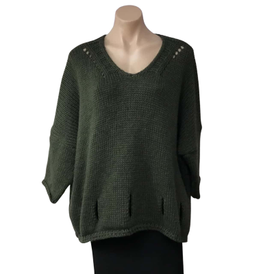 Colette Womens One Size Khaki Knitted V-neck Jumper with Cut outs