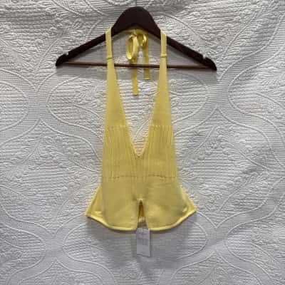 BNWT Kookai Womens Size 38 Cropped Top / V-Neck Striped Halter Top Lemon Yellow RRP $140 