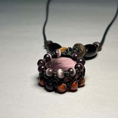 Necklace With Purple Cat Eye And Wooden Beads