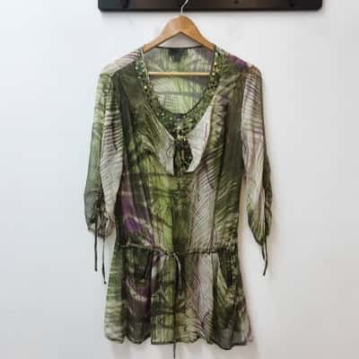  Womens  Size 16 Olive / Purple Bandolera Bohemian Style Cover wear Featuring Lightweight With Adjustable Tie Cuffs Drawstring Waist And Split Collar Design Lined With Reflective Sequin 
