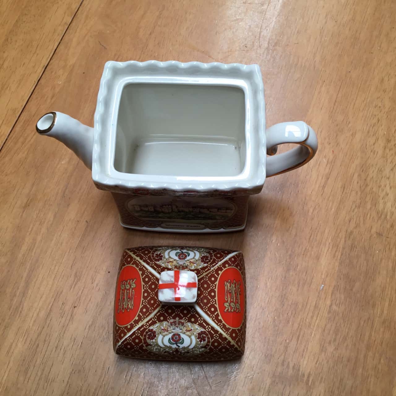 Vintage James Sadler Windsor Castle Red Tea Pot & Lid With Gold Trim
