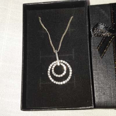 Silver 925 Double Circle & Crystal Pendant Necklace