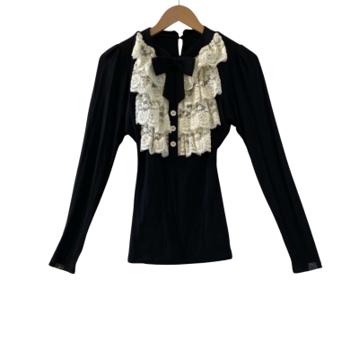 Kitten D'amour Women's Size 10 Long Black Sleeve, Lace Frill Front Blouse  (Number 84 of 150)