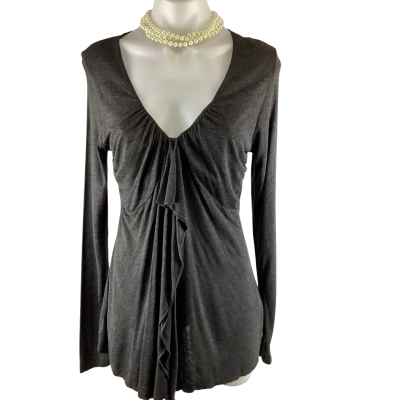 Susan Long Sleeve Ruffle Front Top - Granite Size S