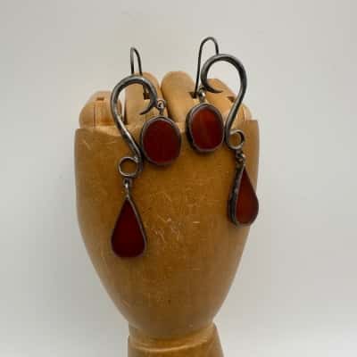 925 Silver Stamped Carnelian Dangle Earrings 