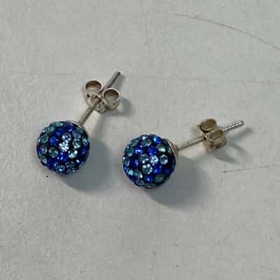 925 Sterling Silver Royal Blue Crystal Disco Ball Earrings