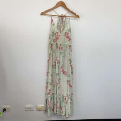 Jaase Green Floral High Neck Maxi Dress  Size S 
