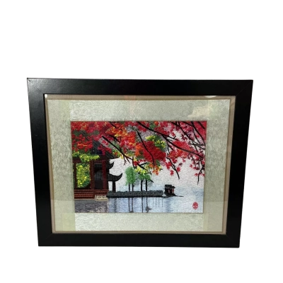 Silk Art Handmade Embroidery Japanese Landscape Picture in Black Frame (# 1)