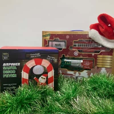 Christmas decor pack! Christmas train and tracks and outdoor inflatable disco santa!
