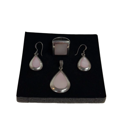 Sterling Silver (925) and Pink Mother of Pearl Pendant, Earring and Ring Set