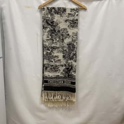  Unisex Silk & Cashmere Scarf Cream / Black BNWT