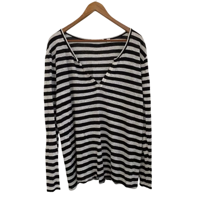 Country Road Womens Linen Size XL V-Neck Top Black  / Striped / White 