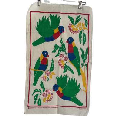 Linen tea towel Australia parrot design and made by Janelle Mason