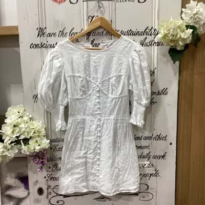 Sabo Skirt Brand! GORGEOUS MINI DRESS! 100% PURE QUALITY LINEN WITH SHORT ELASTICATED SLEEVE CUFFS! Womens  Size S Mini Dress / Short Sleeve Dress  White 