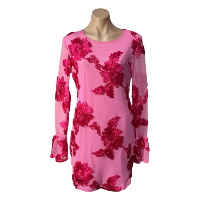 Womens Size L Pink Mesh Long Sleeve Mini Dress with Floral Ribbon Embroidery