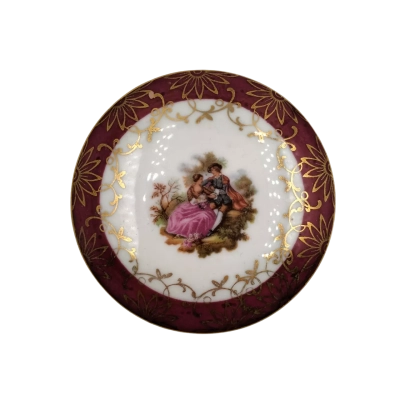 Limoges Porcelain France La Rhine Hand Painted Trinket Box - Romantic Courting Scene. 8cm diameter.