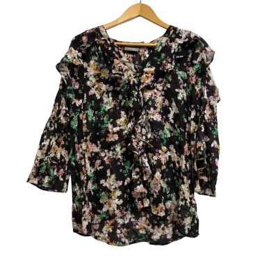 Sussan, Womens, Size 6, semi-transparent black button up shirt with green and pink floral patterns