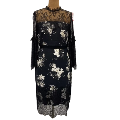 Erdem Floral Printed Viscose Crepe Dress Womens  Size 12 Black  