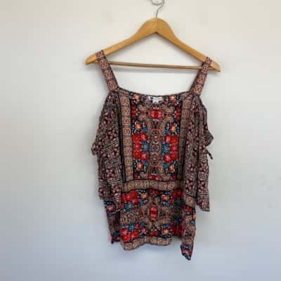 Rockmans Black Red Rose Print Top  Size 16 