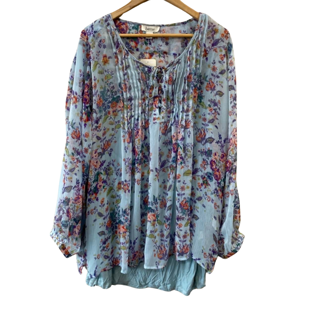 Beme Size 24 Plus Size Long Sleeve Blue Floral Sheer Shirt With