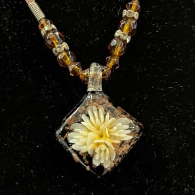 Glass Flower Pendant And Glass Beads On Brown Cord With Silver Tone Clasp