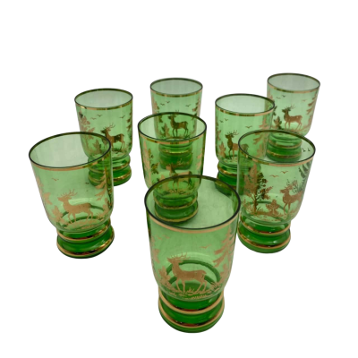 8x Vintage Green Glass Tumblers with Gold Trim & Decoration