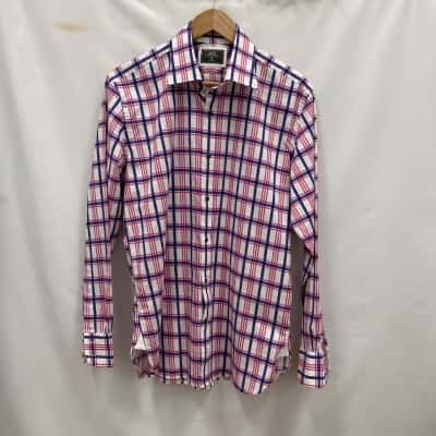 M.J. Bale Mens Size M Long Sleeve Cotton Shirt Checked / Navy Blue / Pink  / White 
