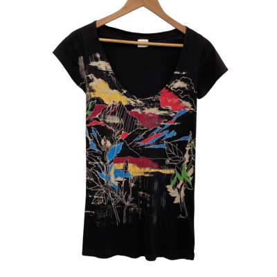 Diesel Womens  Size S Short Sleeve Top Black  / Multicoloured 